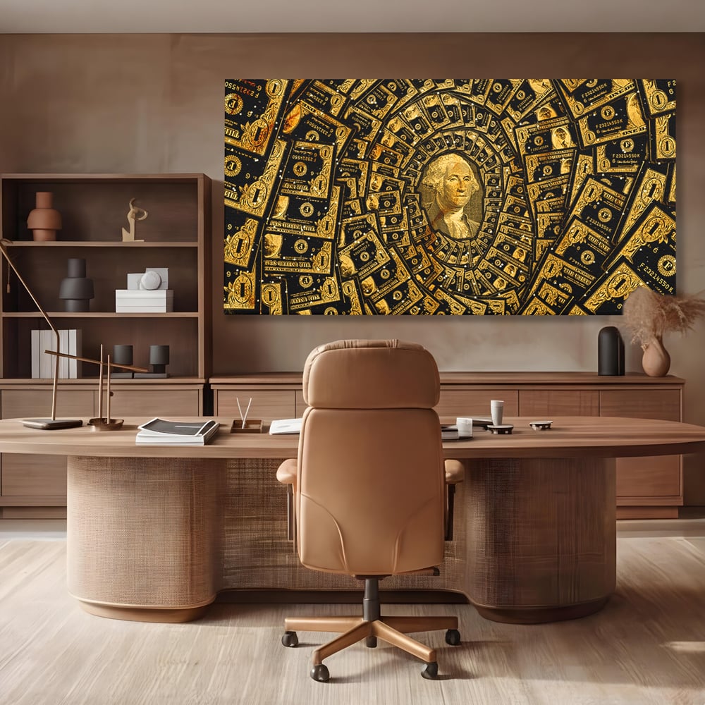 Tablou canvas cu tablou canvas cu portretul lui george washington si dolari, fara rama, pe sasiu de lemn, pe perete intr-un birou